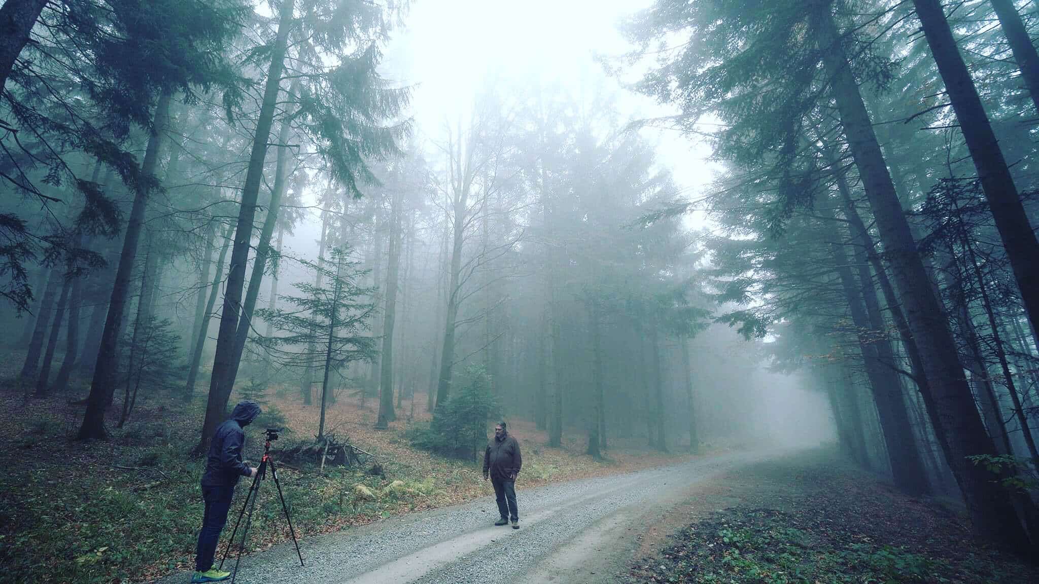 Person filmt im nebligen Wald mit Kamera auf Stativ, eine andere geht auf Schotterweg entlang.